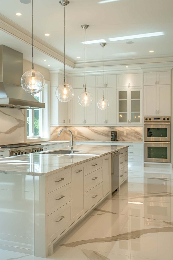 Ultra-modern Indian kitchen interior, acrylic cabinets, quartz countertop, soft lighting, minimal design, photorealistic