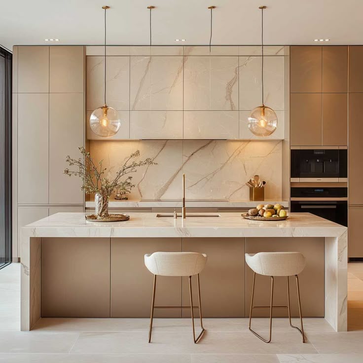 Luxury modular kitchen with island, warm lighting, Indian home, high-end interior photography