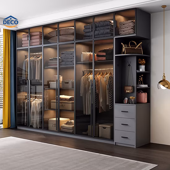 Luxury modern wardrobe with glass shutters and warm LED lighting