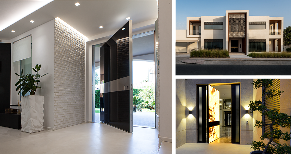 Modern luxury villa exterior featuring clean architectural lines, large glass windows, landscaped garden, and a contemporary facade